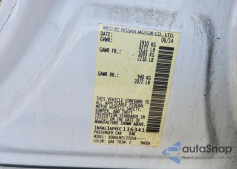 2015 Nissan Altima 2.5 from USA, damaged, VIN 1N4AL3AP4FC116341